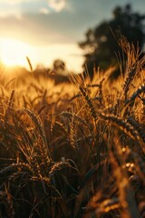 A picturesque sunset over a field of grass. This image can be used to depict the beauty of nature and tranquility.
