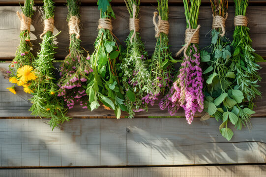 Hanging bunches of medicinal herbs and flowers on a wooden background. Herbal medicine.