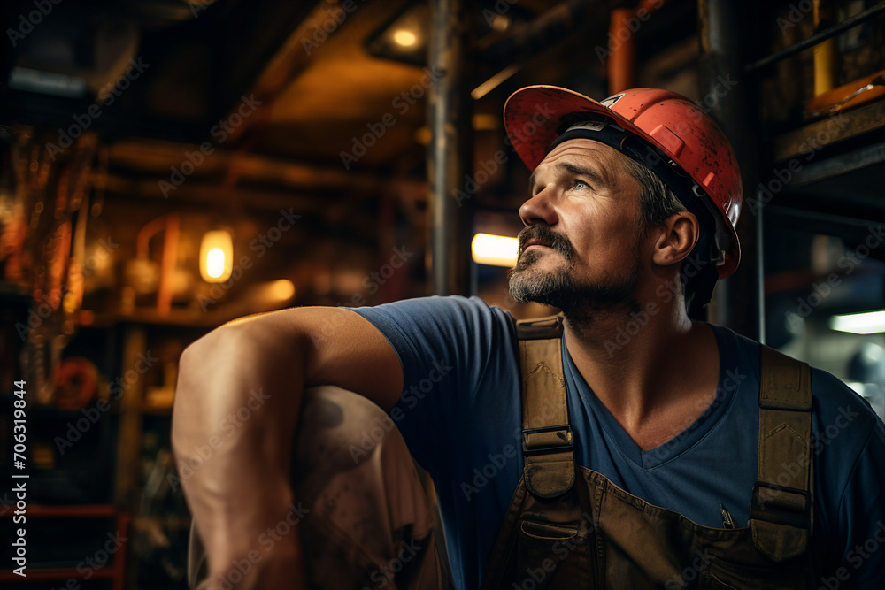 Poster skilled experienced worker in dark cave in mine made with generative ai technology