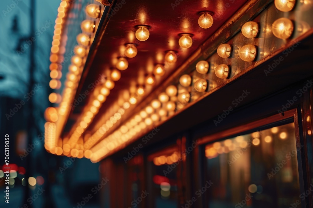 Poster a brightly lit theater marquee at night, showcasing the latest shows and events. perfect for promoti