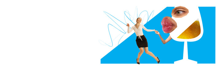 Banner. Contemporary art collage. Party mood. Glass of foamy, cold, refreshing beer dancing with young girl in official outfit after hard working week. Concept of party, festival, traditions, taste.