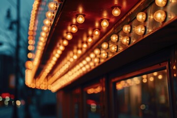 A brightly lit theater marquee at night, showcasing the latest shows and events. Perfect for promoting upcoming performances or adding a touch of nostalgia to any project
