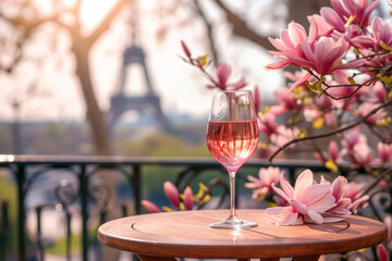 Glass of pink wine on a table of typical Parisian outdoor cafe with pink magnolia flowers in full...