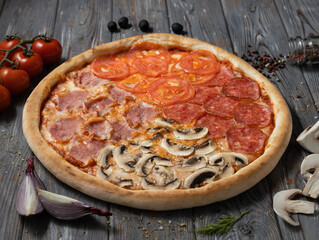 Italian pizza quattro stagioni with ingredients.Four seasons: salami,bacon,tomato,mushrooms