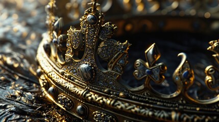 A golden crown resting on a table. Can be used for royal themes or as a symbol of power and luxury