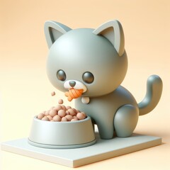 Cat eating from a bowl. 3D cute minimalistic illustration on a light background.