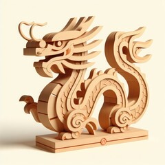 Wooden Chinese dragon - symbol of the new year. 3D cute minimalistic illustration on a light background.