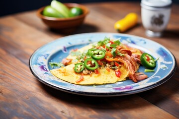 omelette with chorizo, jalapenos, rustic table