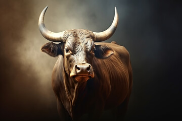 Buffalo with big horns on dark background