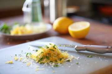 lemon zest being grated over served dish, hints of garlic