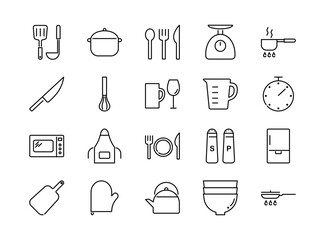 Cooking and kitchen tools line icons set. Vector illustration, editable stroke