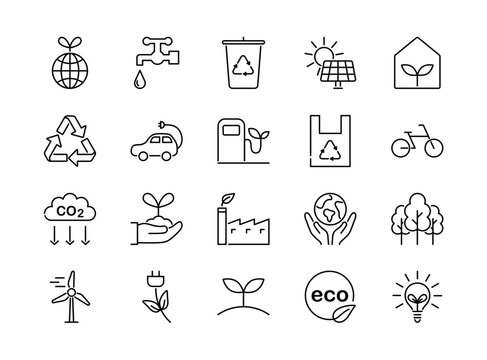 Eco friendly related thin line icons set. Editable stroke