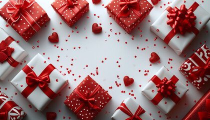 Banner with red, white gift boxes, hearts in the cornes of the frame on white background. Concept of Valentine's Day, Love, Relationships, Romantic