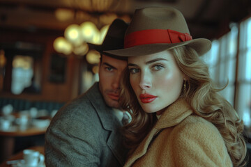 Stylish woman and man in 1950s clothes style in american diner, movie style