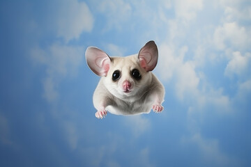 portrait of a cute sugar glider, flying squirrel, blue sky background