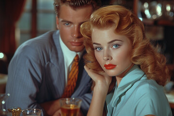 Stylish woman and man in 1950s clothes style in american diner, movie style