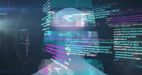 Animation of data processing and scope scanning over digital human head on black background - Powered by Adobe