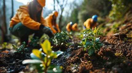 Naklejka premium Volunteers engage in reforestation efforts by planting young trees in a forested area surrounded by mountains during a sunny afternoon