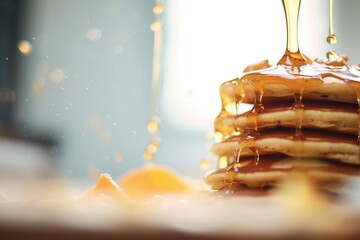 close-up of a syrup stream hitting the pancakes - obrazy, fototapety, plakaty