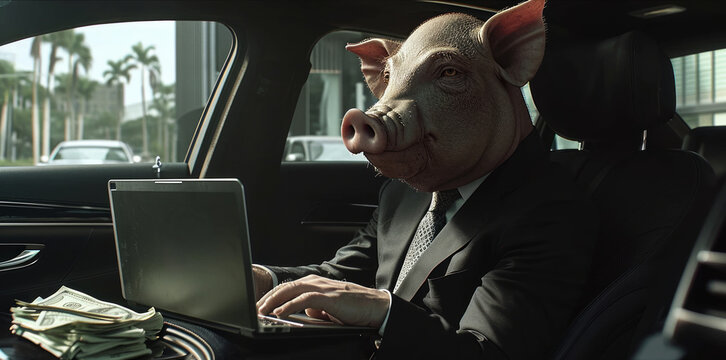 Businessman with a piggy head and a laptop in a car