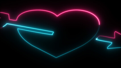 Neon love icon with cupid arrow. Glowing valentines  day symbol. Modern 3d heart shape on black background. Romantic silhouette, love target, passion , sign, victor, illustration.