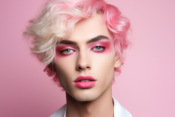 Handsome blonde transgender man with bright perfect makeup wears shiny pink suit