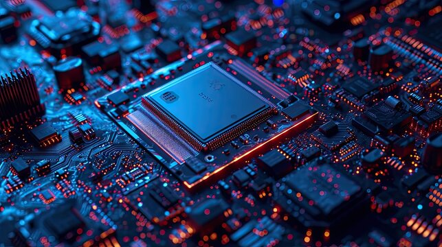 Microchip intricacies on a printed circuit board, a symphony of technology.