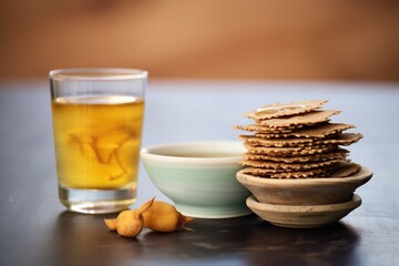 stack of puri shells beside bowls of filling and water