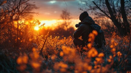 Naklejka premium Sunset hunter observes wildlife among blooming flowers in a serene landscape during dusk