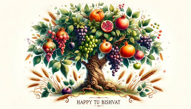 Watercolor image of a tree with various fruits for tu bishvat celebration.