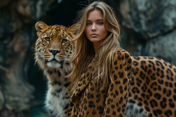 minimalism, a woman in a leopard print suit stands next to a leopard