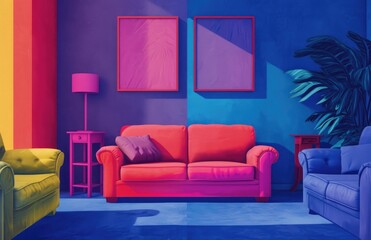 a colorful living room with colored couches in dark pink and dark blue