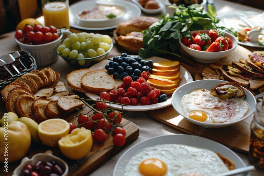 Poster A variety of different types of food arranged on a table. This image can be used to showcase a diverse menu or to represent a buffet-style meal