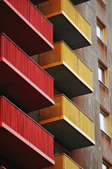 a modern building with red and yellow balconies