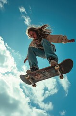 a young woman riding on a skateboard against realistic blue skies 