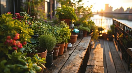 Obraz premium Serene balcony garden at sunset with vibrant plants and a beautiful city skyline in the background