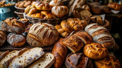 Freshly baked artisanal breads displayed at a local bakery in the morning sunlight, showcasing a variety of textures and flavors enticing customers to indulge in delicious options