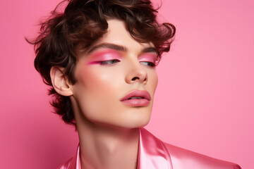 Handsome brunette transgender man with bright perfect makeup wears shiny pink suit
