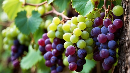 fresh black and green grapes on the grapes tree branch in the grapes field with sunlight background photo 