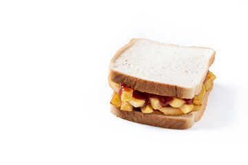 Traditional British chip butty (french fry sandwich) isolated on white background. Copy space