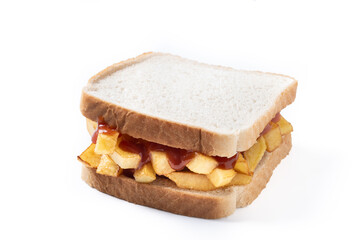Traditional British chip butty (french fry sandwich) isolated on white background