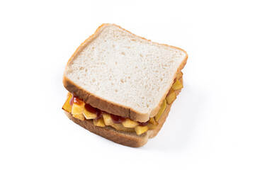 Traditional British chip butty (french fry sandwich) isolated on white background