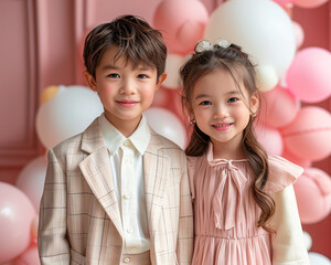 In a pastel pink room, an Asian boy in a white blazer and a European girl in a pink dress stand on a plain floor. White and pink balloons float around. Dramatic photography style