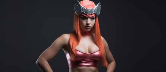Fototapeta na wymiar Female teenager wrestler with headgear, arms on hips