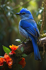 Obraz premium Beautiful black-naped monarch bird on a tree branch with flowers in the jungle background photo