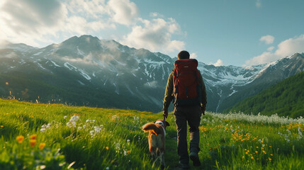 A man and a dog hiking in beautiful mountain landscape, man with tourist backpack hiking on spring wild field together with a dog. The concept of the campaign, hiking , spring traveling and nature. - obrazy, fototapety, plakaty