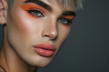Close up portrait of beautiful young transgender man with bright perfect makeup on grey background - obrazy, fototapety, plakaty