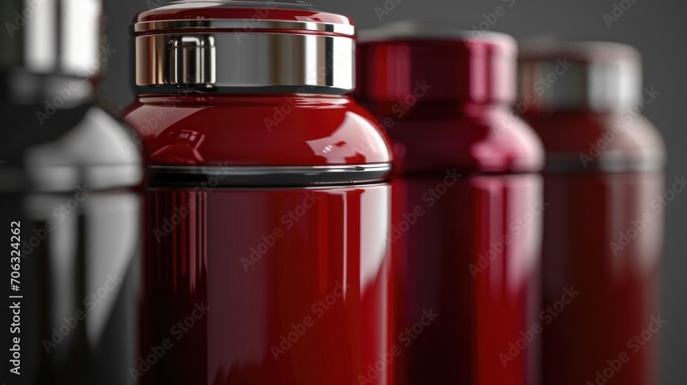 Poster a row of red water bottles sitting on top of a table. suitable for hydration and health-related conc