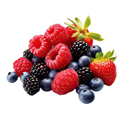 strawberries, raspberries, blueberries and blackberries on a white isolated background