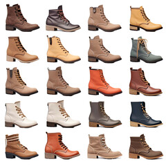 transparent background cutouts of women ladies short boots collection Set of different styles and colors